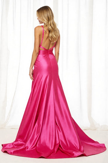 Robe longue de bal en satin fuchsia avec fente